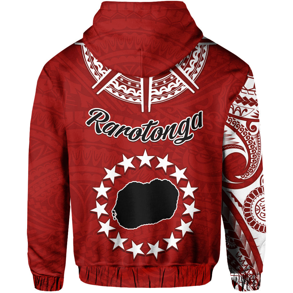 Red zip hoodie with 'Rarotonga' script and star-and-island emblem, hooded front
