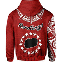Red zip hoodie with 'Rarotonga' script and star-and-island emblem, hooded front