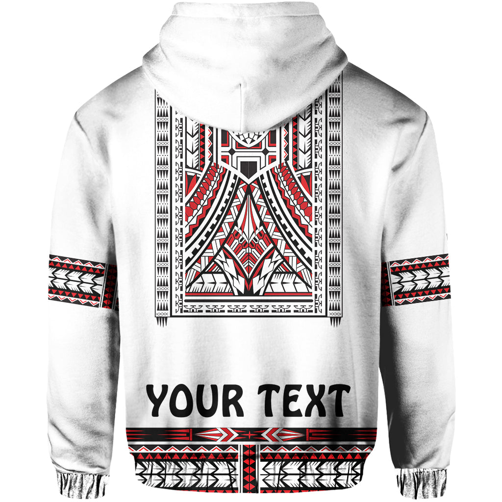 White pullover hoodie back with red/black tribal Polynesian print and 'YOUR TEXT'