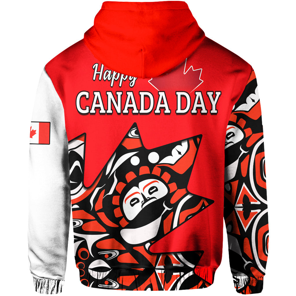 Red hoodie back with 'Happy Canada Day' print and Haida-style animal graphic