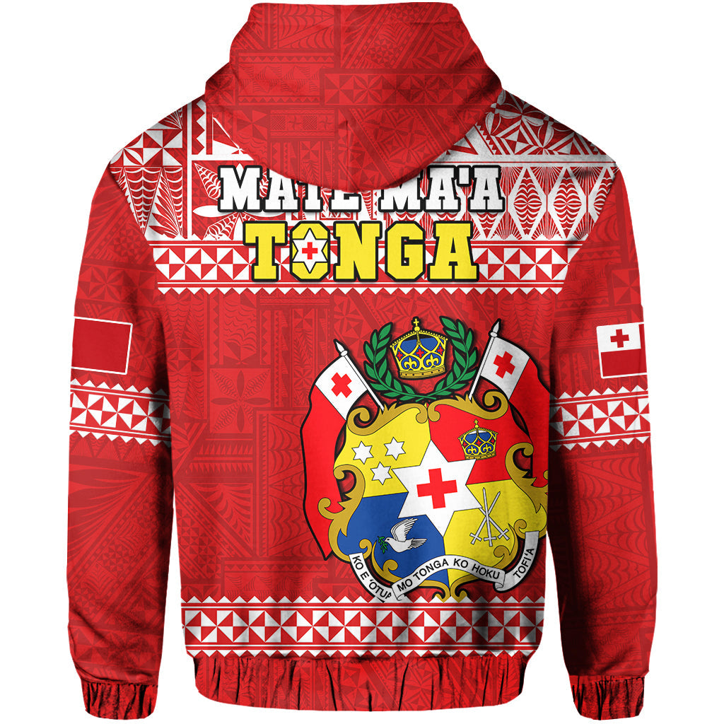 Red and white hooded sweatshirt with large Tonga crest graphic on back