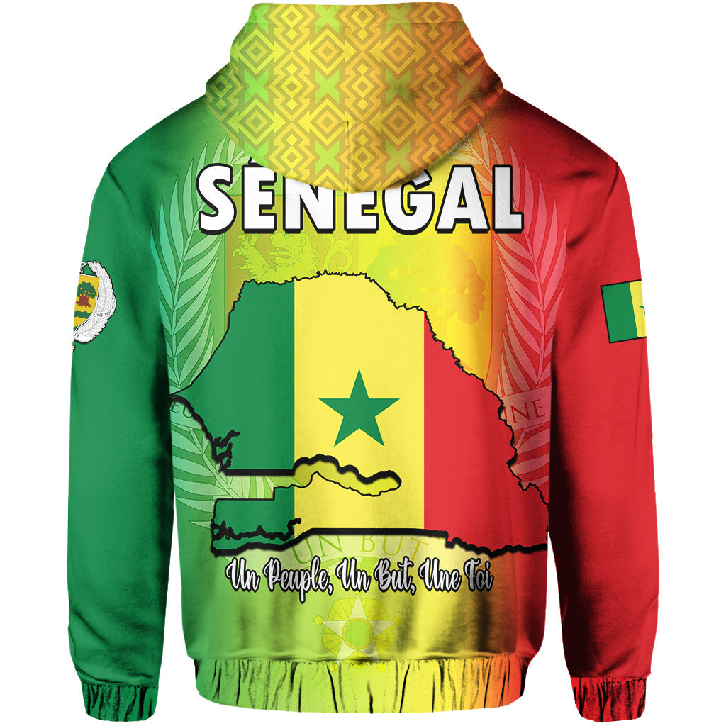 Back of Senegal hoodie with 'SENEGAL' text and map graphic in red, green, and yellow