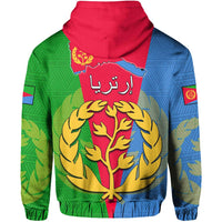 Pullover hoodie back with Eritrea flag map graphic, large yellow tree emblem, red hood