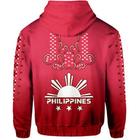 Red hoodie with hood, back Philippines sun-and-eagle graphic, ribbed hem and cuffs