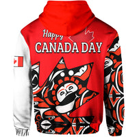 Red hoodie back: Happy Canada Day text over Haida-style eagle graphic