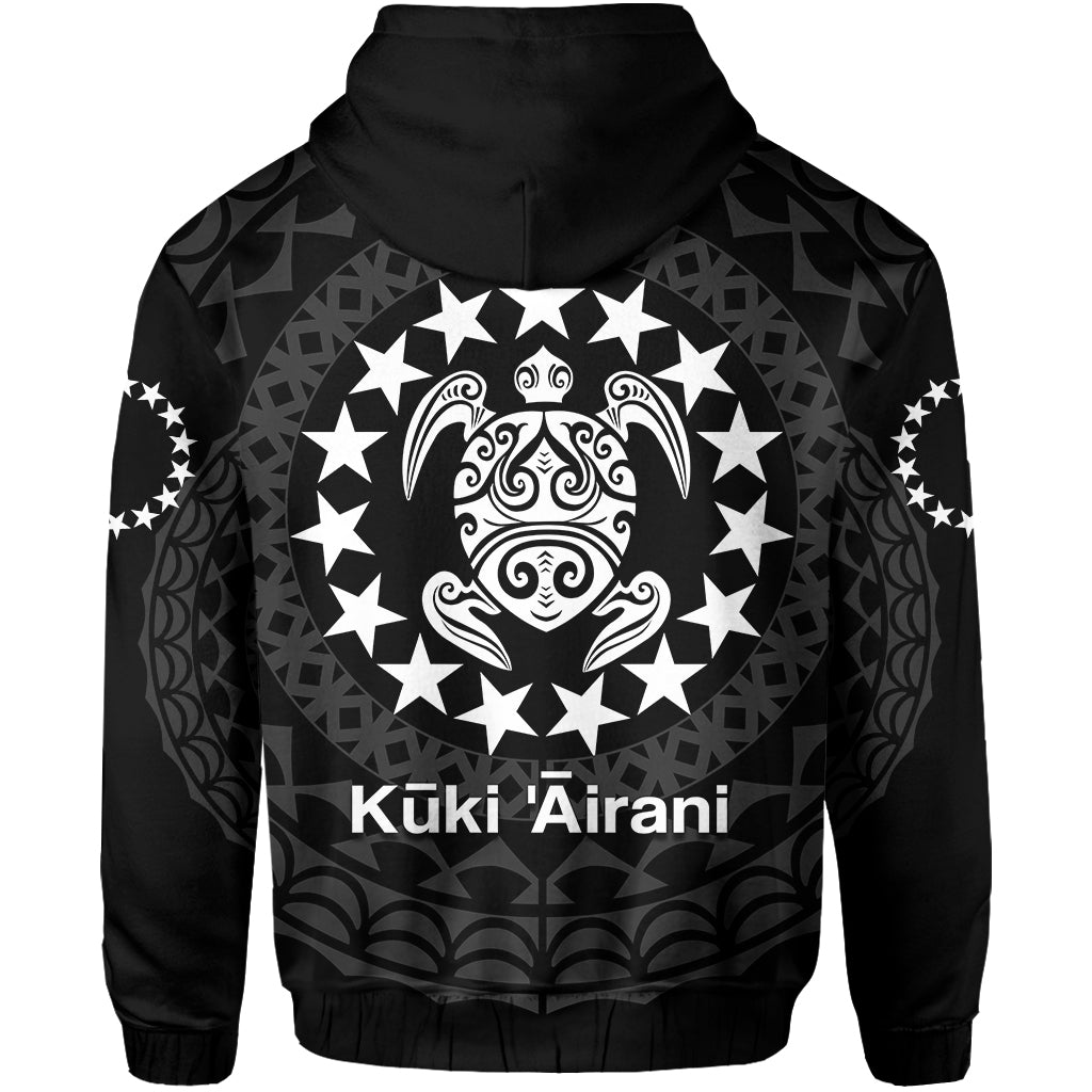 Black hoodie back with circular turtle emblem, star border, and hood