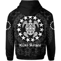 Black hoodie back with circular turtle emblem, star border, and hood