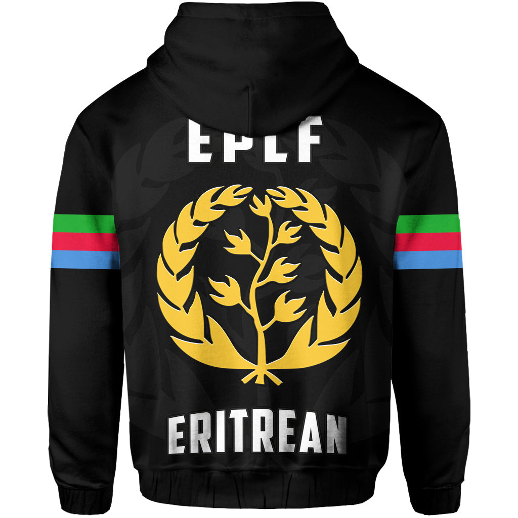 Black pullover hoodie back: EPLF lettering above gold tree/lion emblem with ERITREAN text
