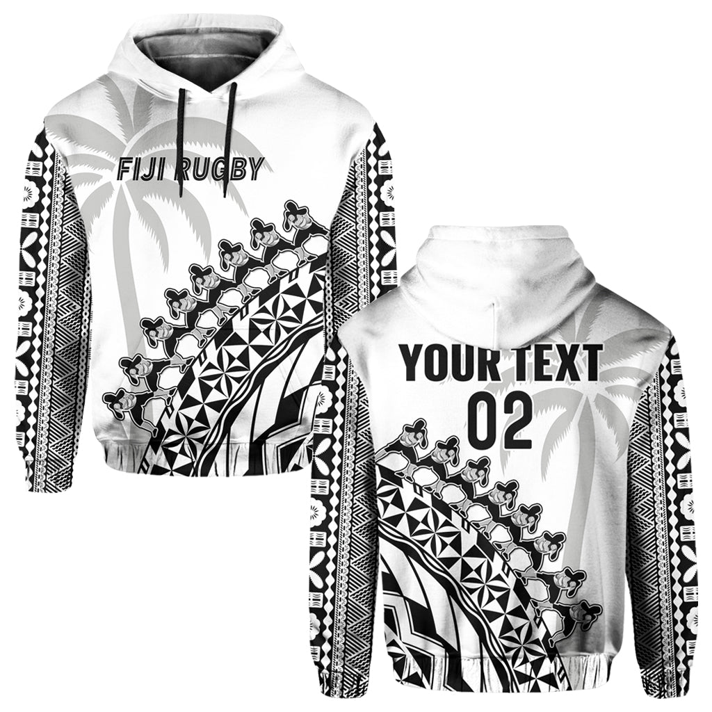 Custom Text And Number Fiji Rugby Hoodie Fijian Cibi Dance Tapa Pattern White - Wonder Print Shop