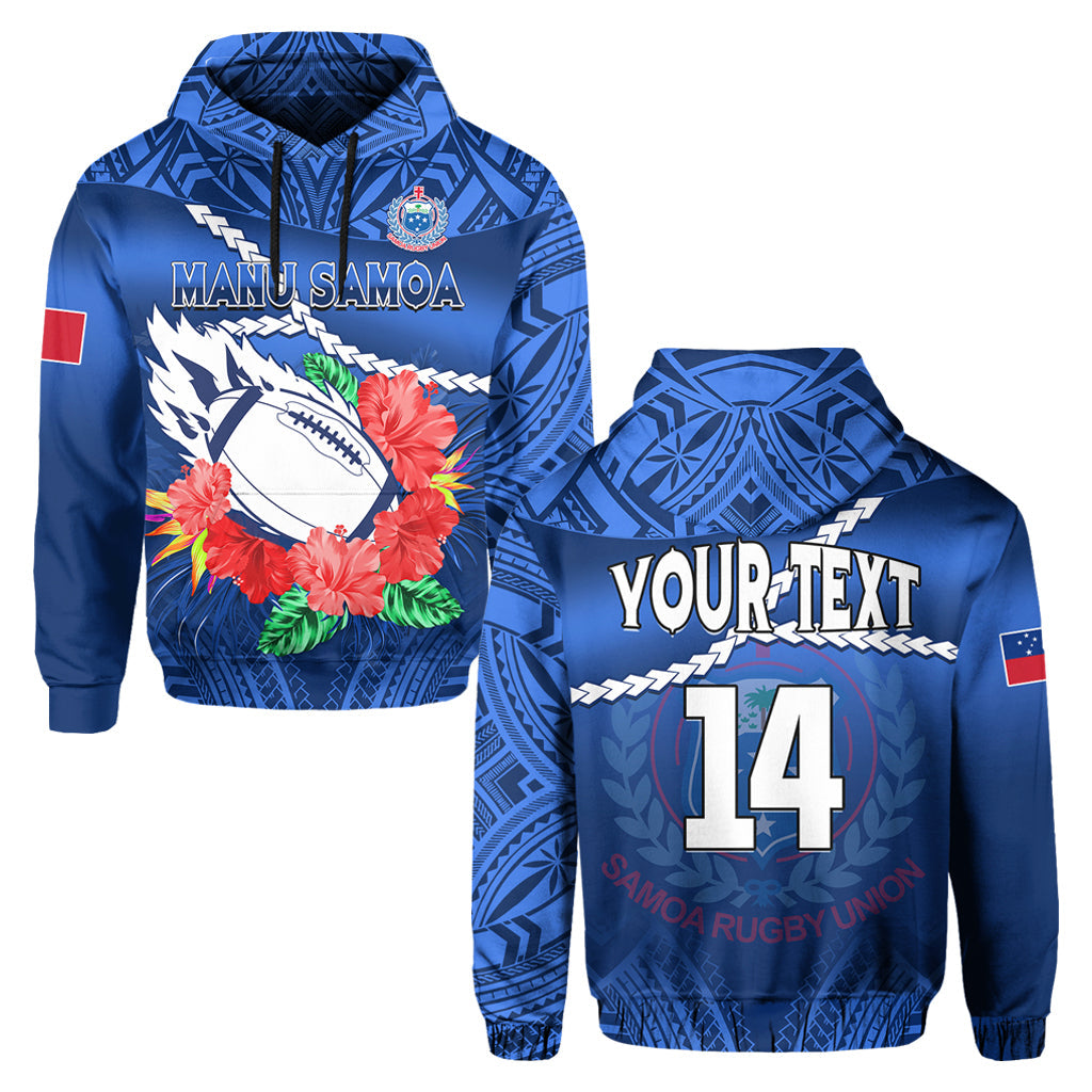 Custom Samoa Rugby Hoodie Manu Samoa Polynesian Hibiscus Blue Style - Wonder Print Shop