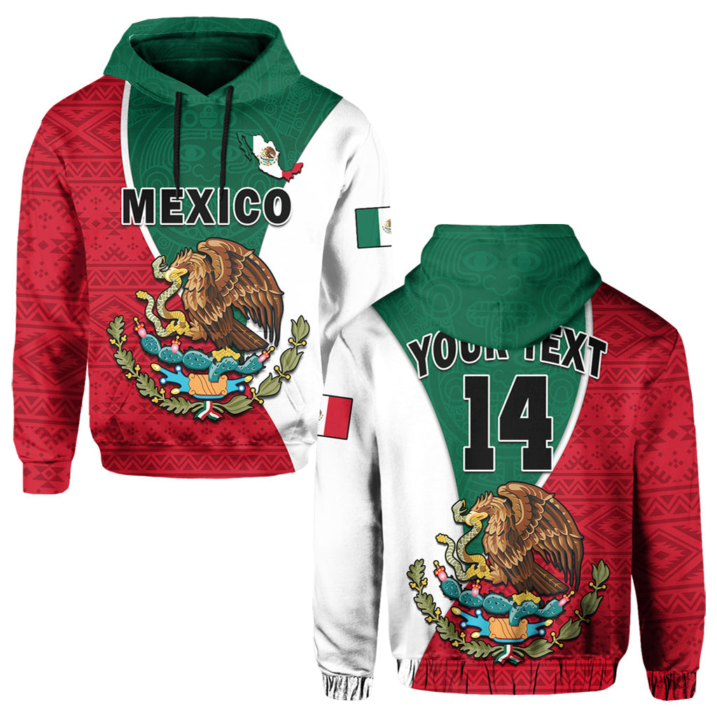 Mexico hoodie front: MEXICO text with eagle crest, red Aztec print, green/white hood panel