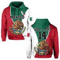 Mexico hoodie front: MEXICO text with eagle crest, red Aztec print, green/white hood panel