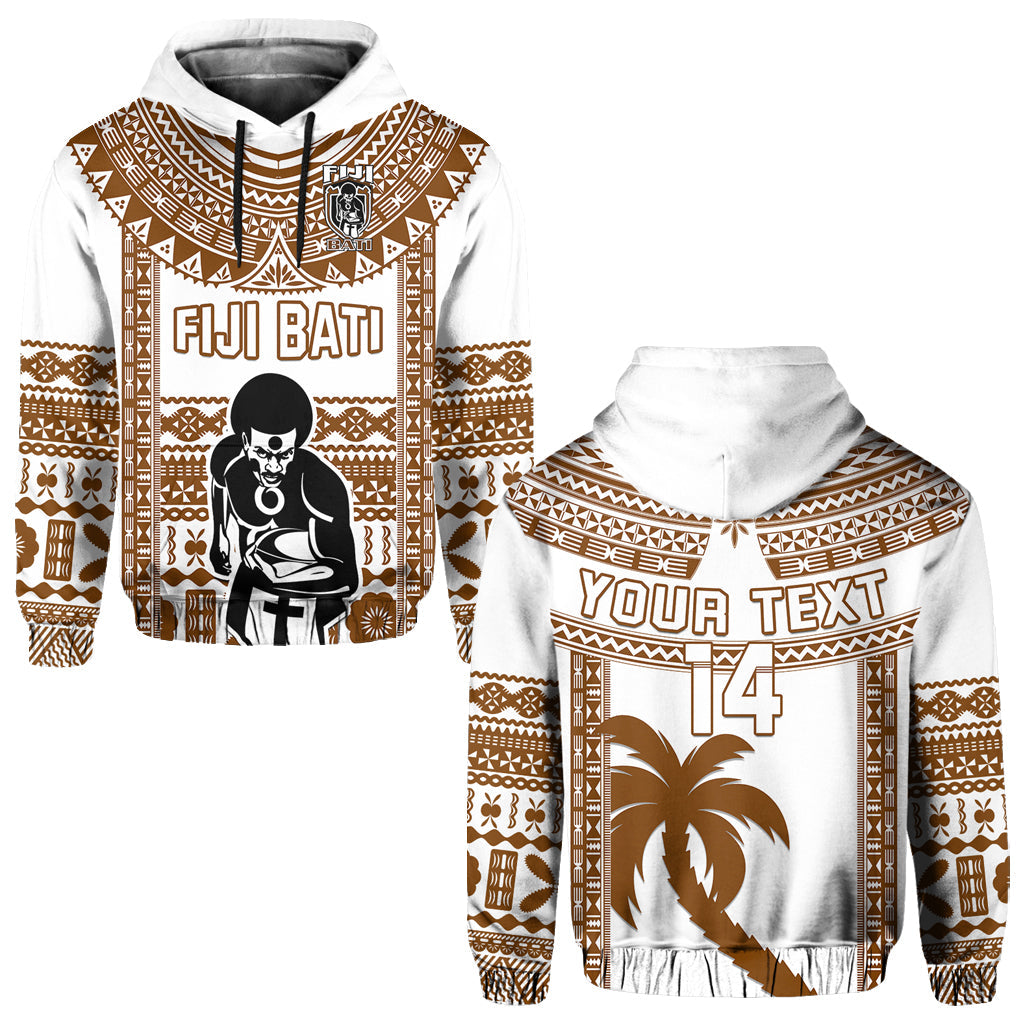 Custom Text And Number Fiji Rugby Hoodie Pacific The Bati Brown Fijian Tapa - Wonder Print Shop