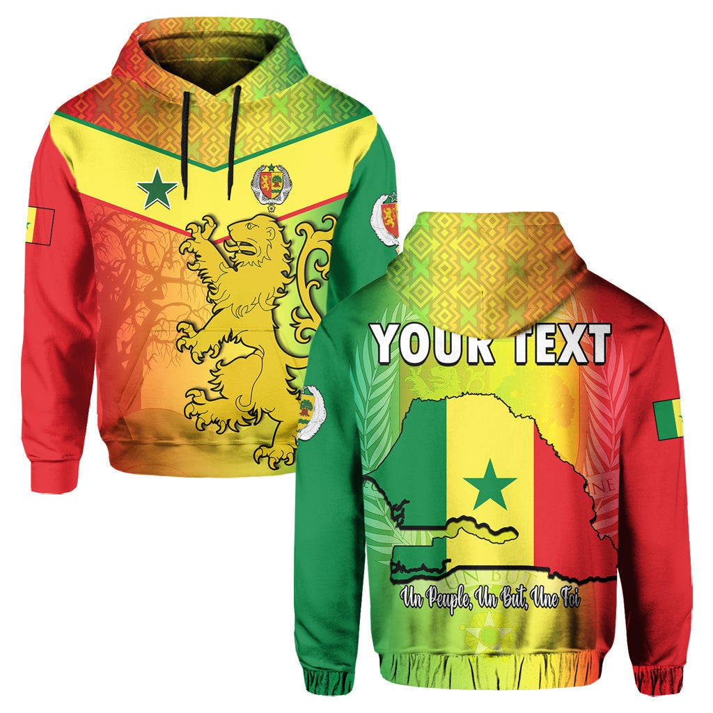 Custom hoodie with Senegal map and lion graphic, front view, hood and drawstrings