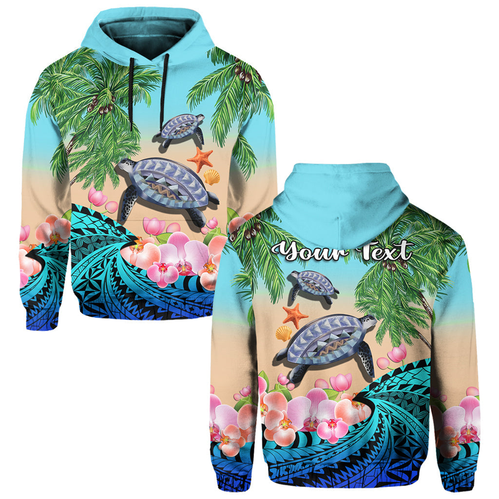 Turquoise zip hoodie with tropical turtle, starfish, palm trees and orchid flower print