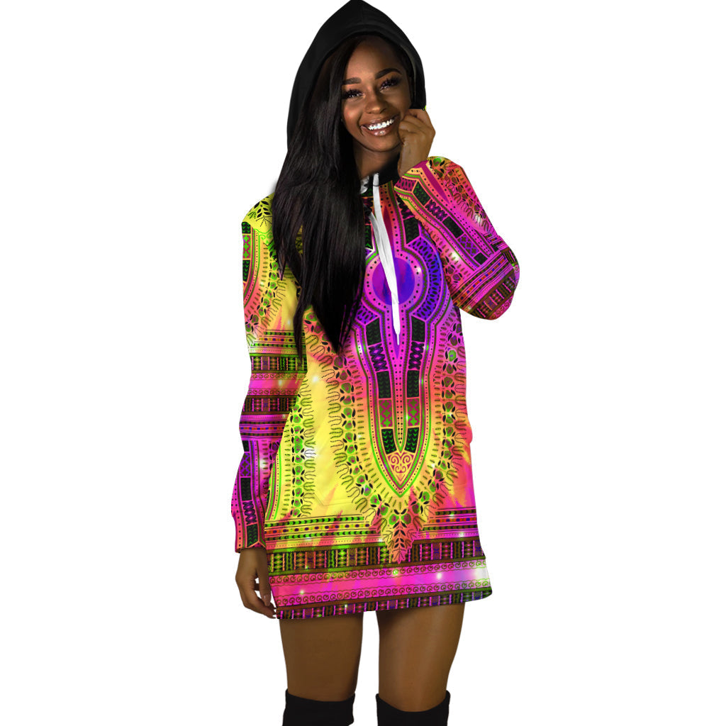 Hoodie-Kleid mit mehrfarbigem Dashiki-Tie-Dye Muster, Kapuze und langen Ärmeln