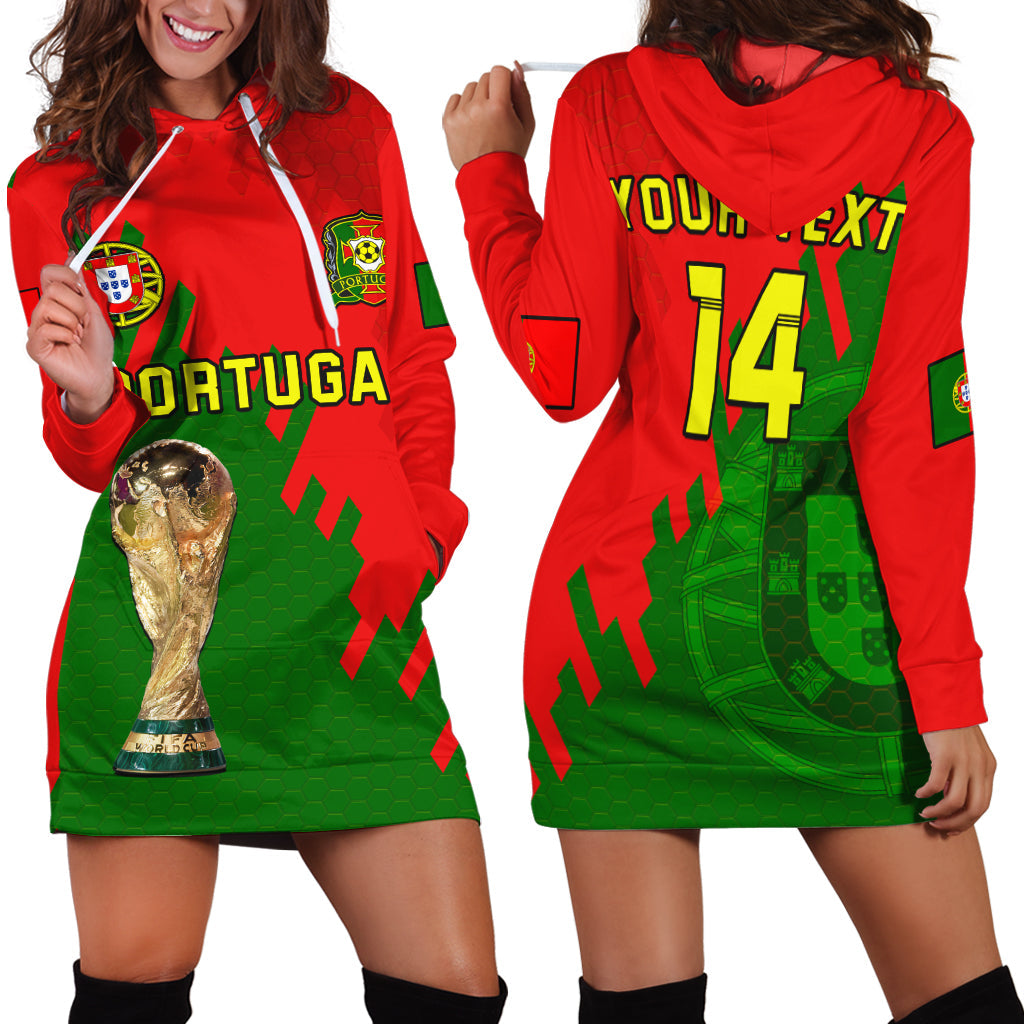 Red football hoodie dress with green accents, hood and long sleeves, front graphic