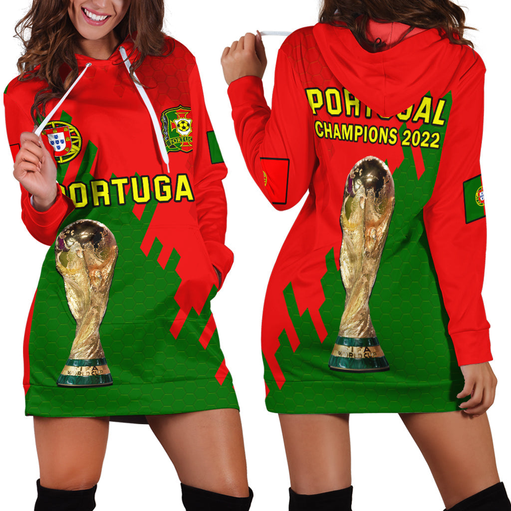 Red hoodie dress with green Portugal crest and gold trophy graphic, front view.