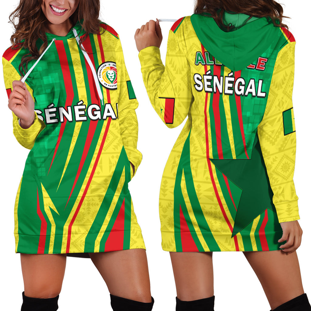 Senegal football hoodie dress in yellow with green and red striped graphic, front pocket and hood
