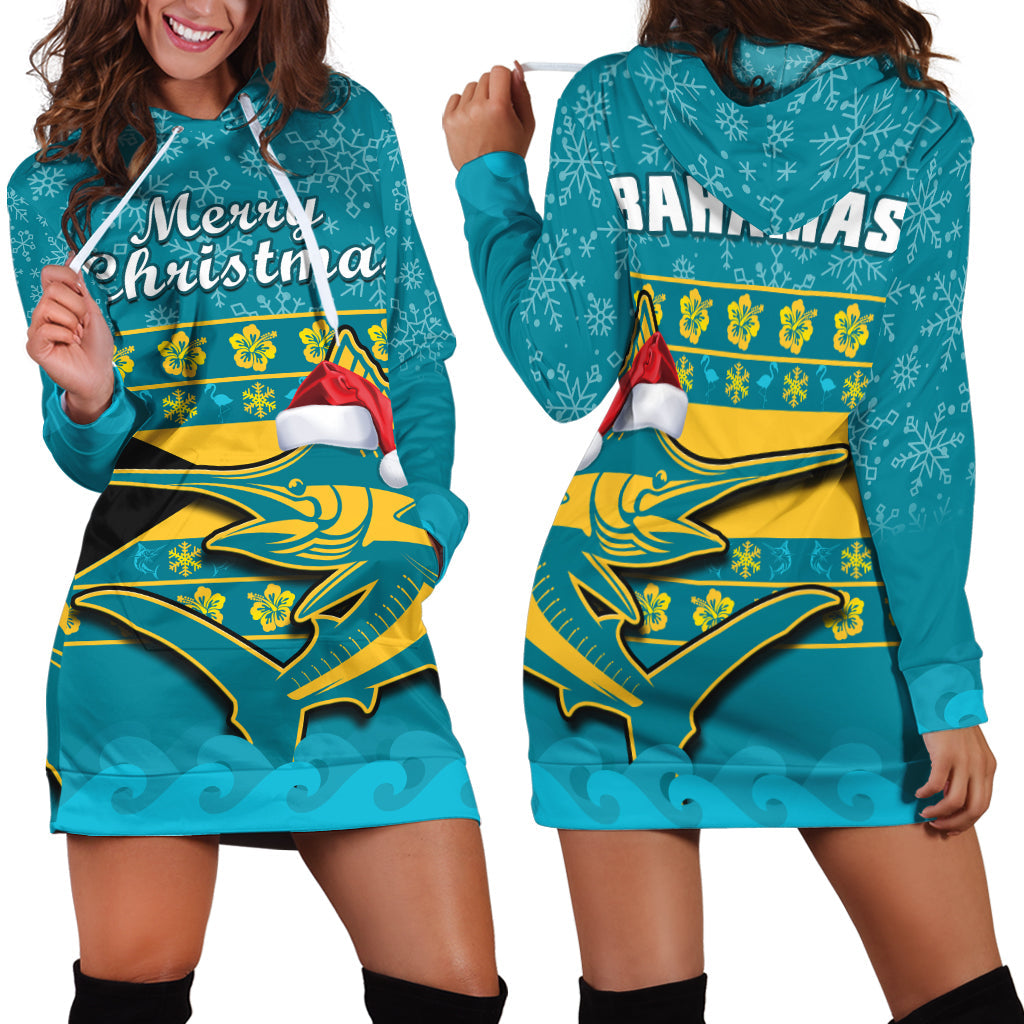 Teal hoodie dress with Santa hat graphic, Bahamas text, long sleeves and kangaroo pocket