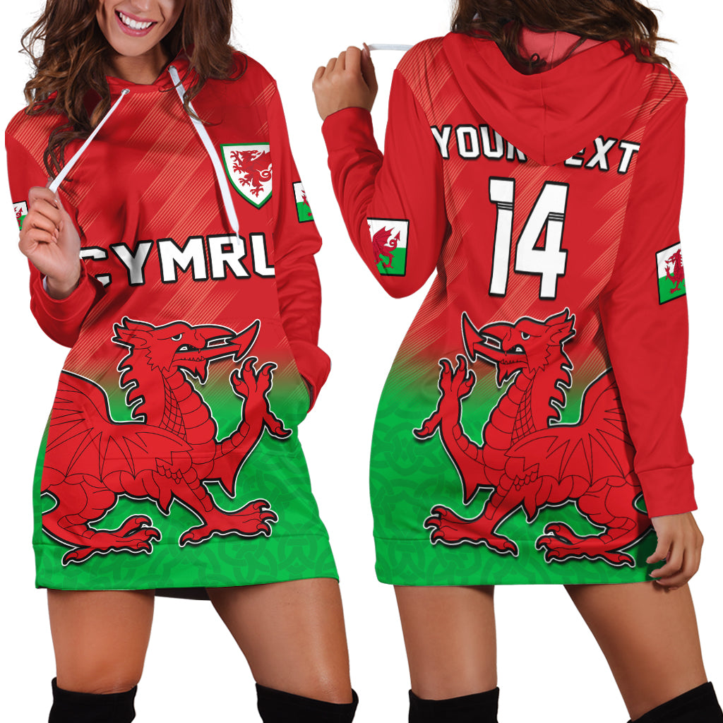 Red football hoodie dress with hood, Welsh dragon graphic and green hem