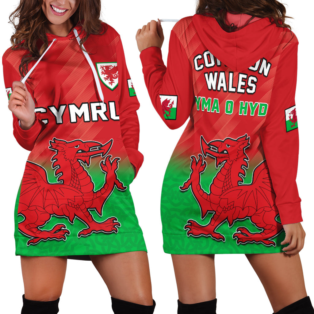 Red hoodie dress with green hem, drawstring hood, Wales text and dragon print