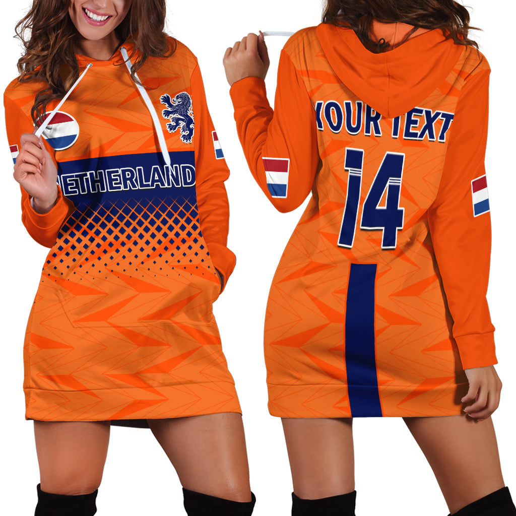 Orange hooded football hoodie dress with Netherlands flag print and number 14 on front