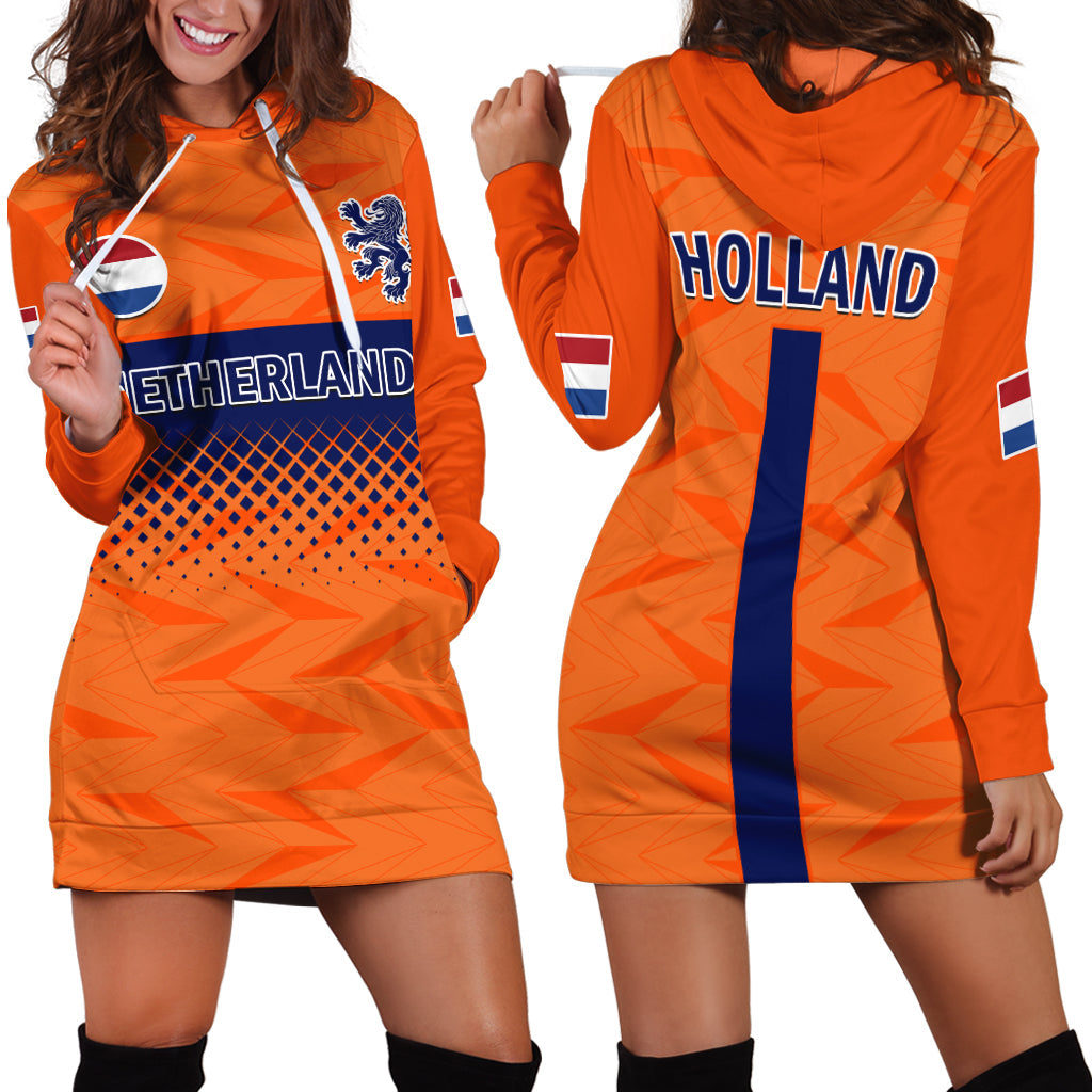 Orange football hoodie dress with HOLLAND print, drawstring hood, long sleeves