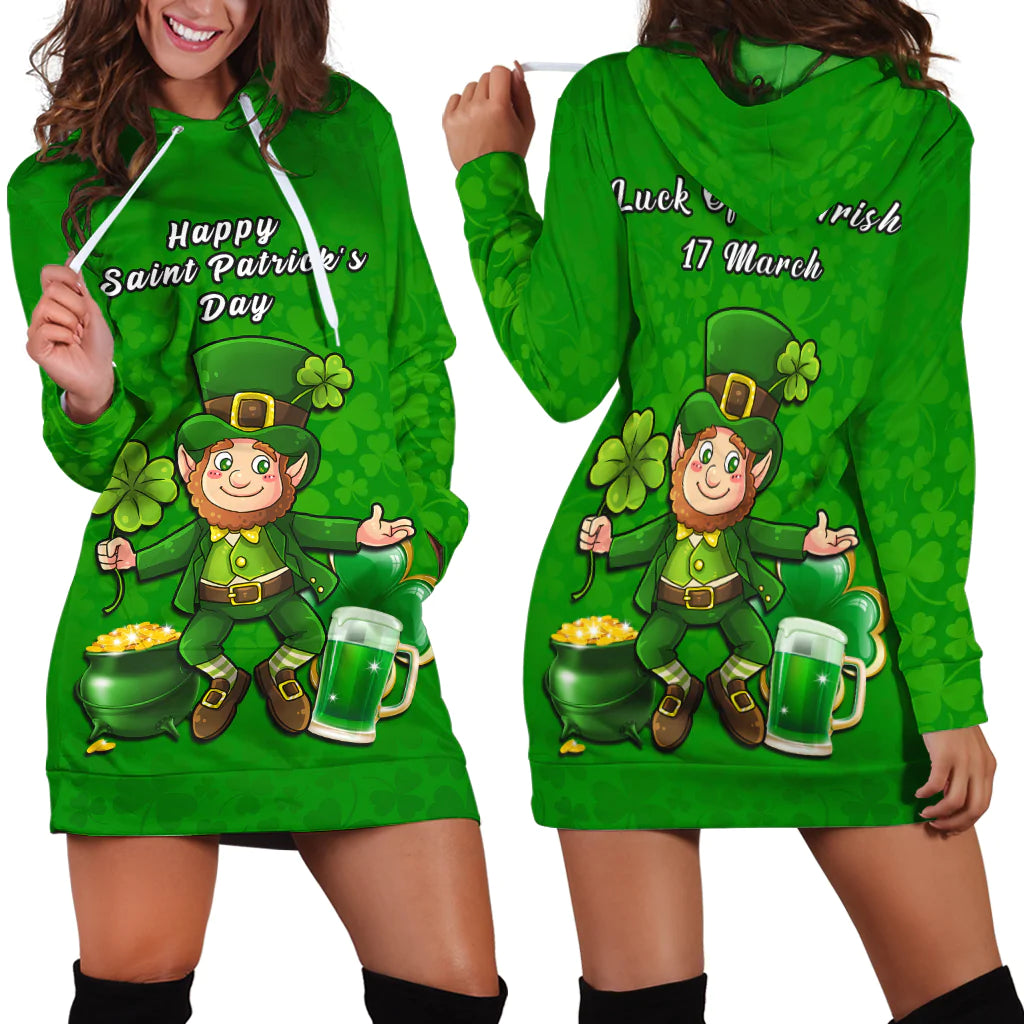Green hoodie dress with front kangaroo pocket and leprechaun shamrock print