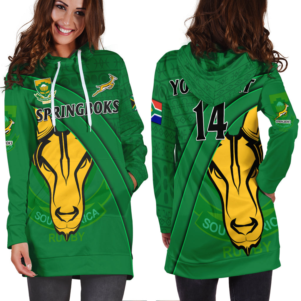 Green rugby hoodie dress with hood, kangaroo pocket, and Springboks graphic.