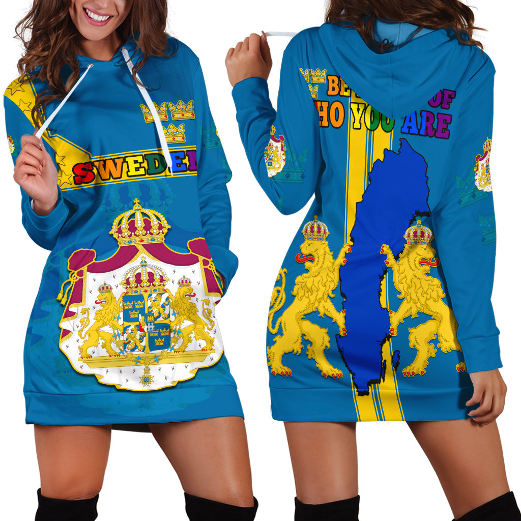 Blue hoodie dress with hood, white drawstrings, and Sweden crown graphic front
