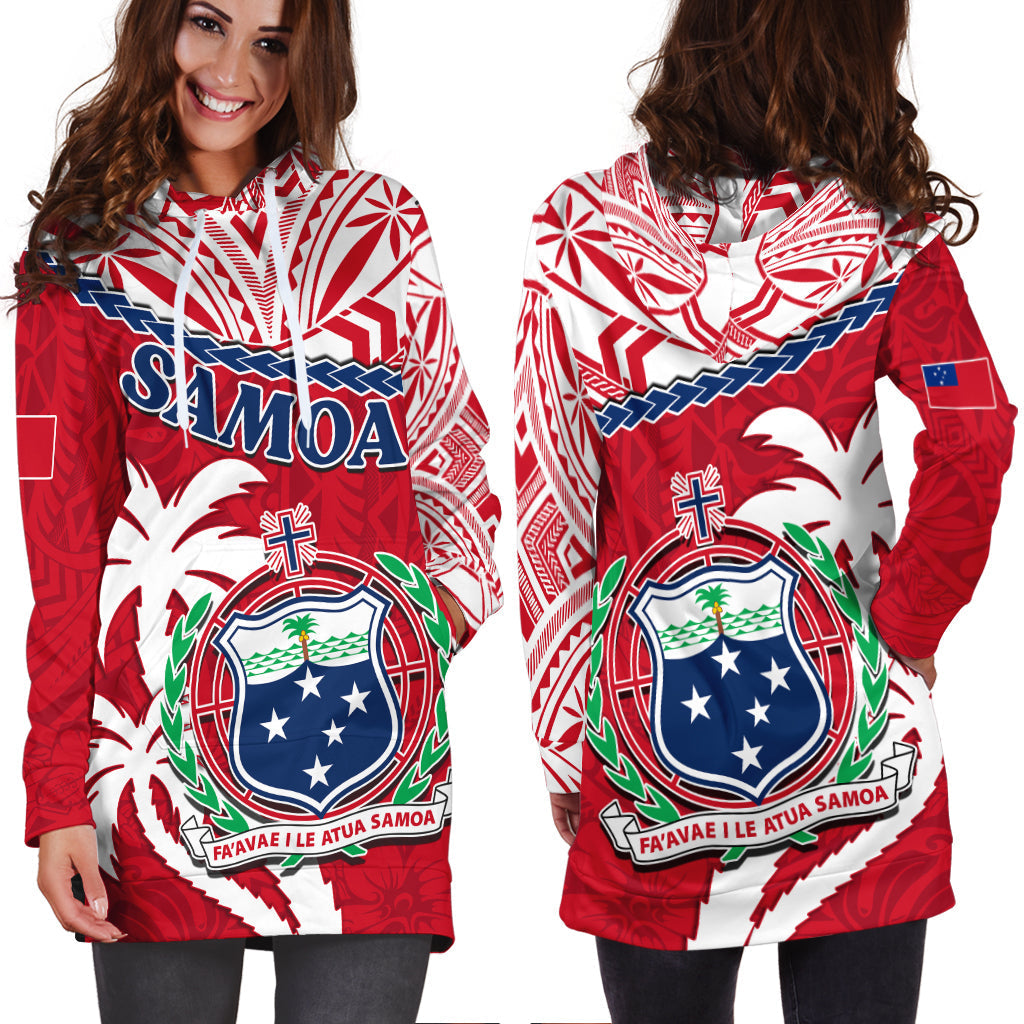 Red hoodie dress with Samoa crest graphic, white hood, front kangaroo pocket