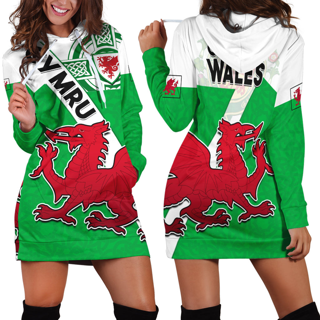 Green Wales football hoodie dress with white hood, red dragon and Celtic knot graphic