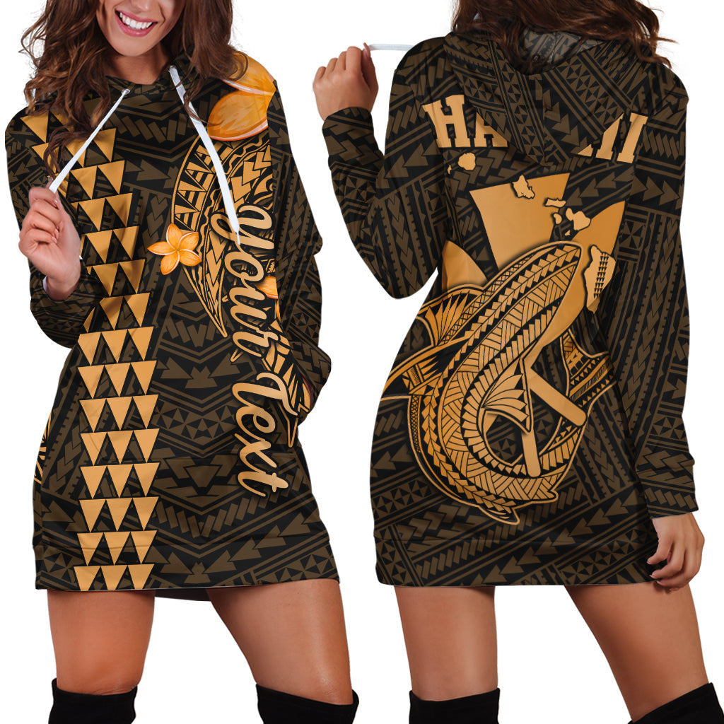Hoodie dress with tribal shark print, gold and black, front view with kangaroo pocket.