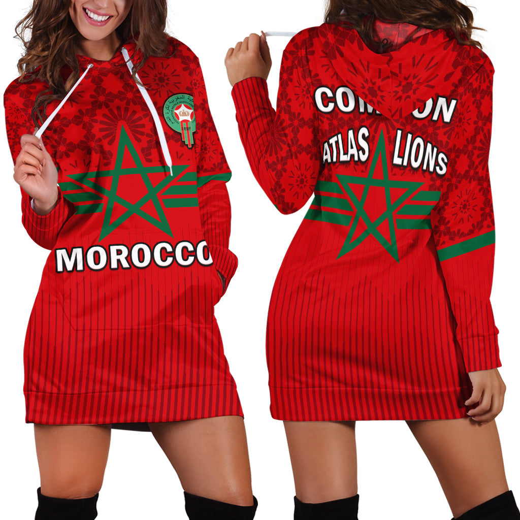 Morocco Football Hoodie Dress World Cup 2022 Red Moroccan Pattern - Wonder Print Shop