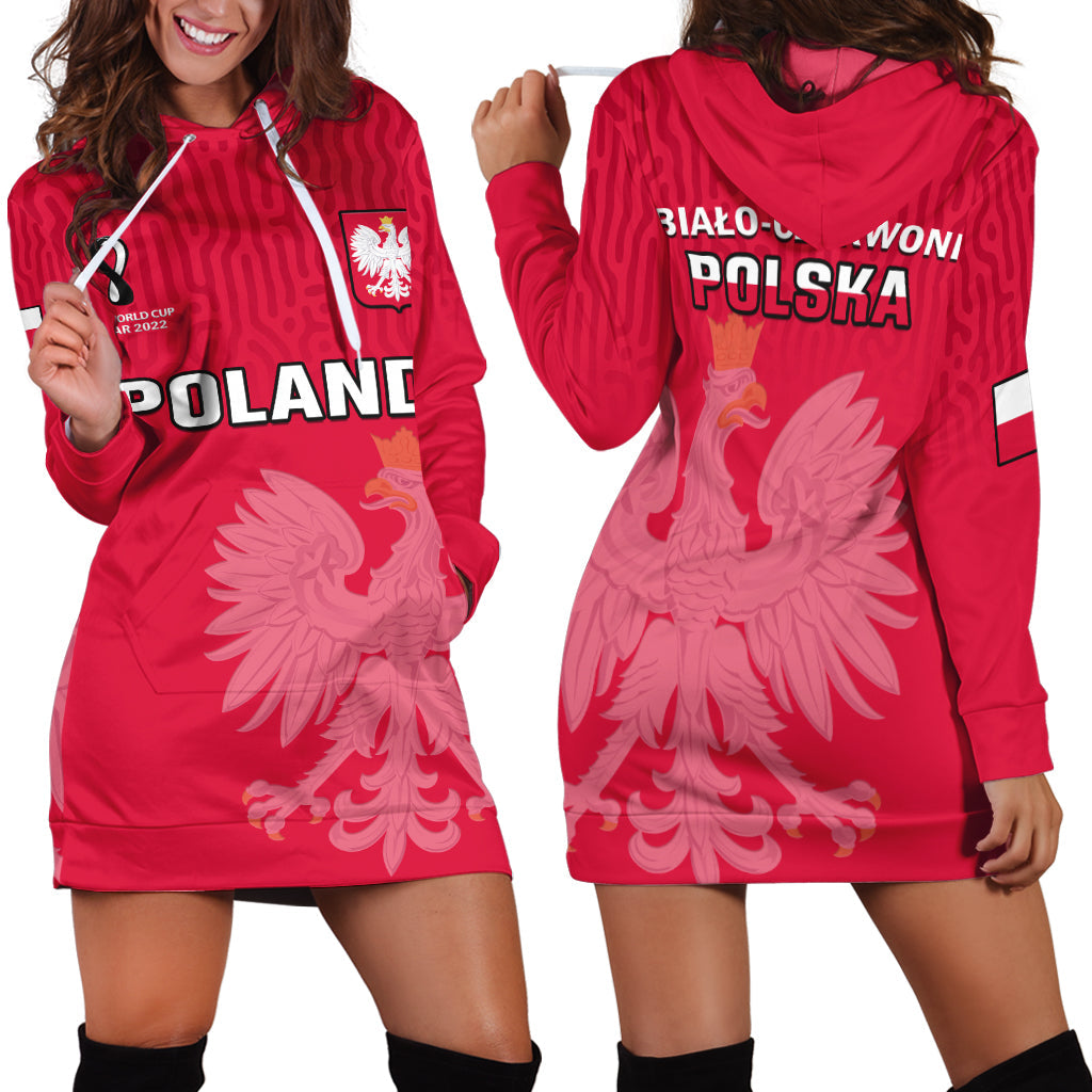Red Poland hoodie dress with hood, front kangaroo pocket, bold graphic and text