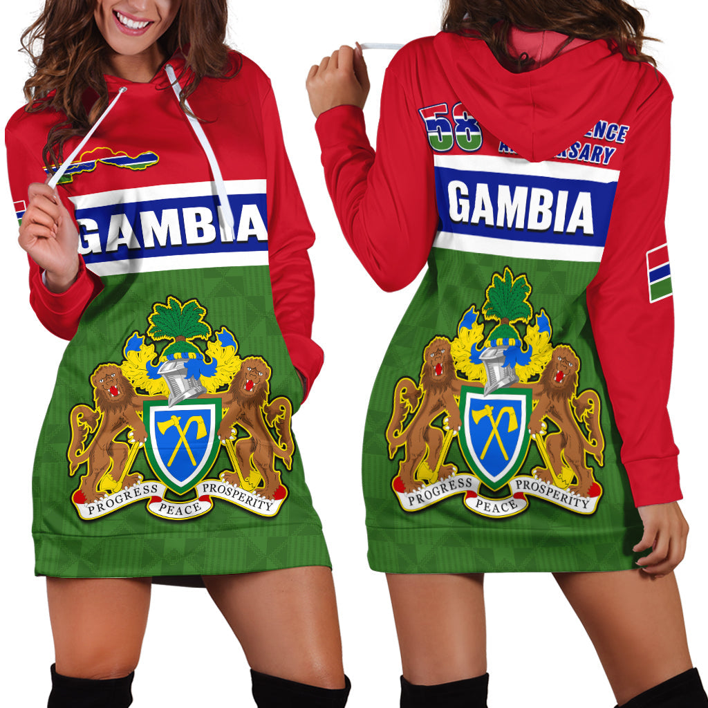 Red Gambia hoodie dress with flag stripes, large GAMBIA print, front pouch and hood
