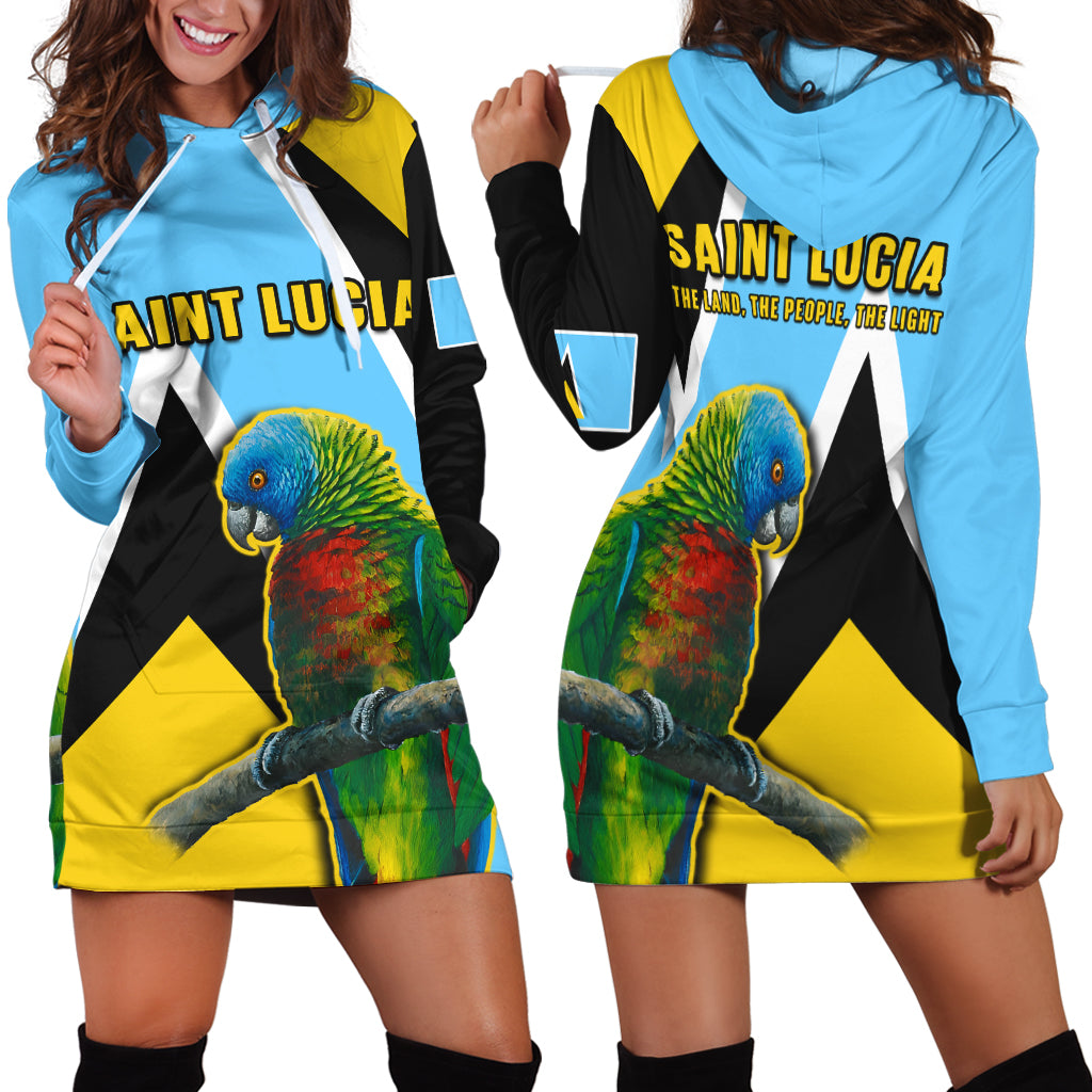 Blue hoodie dress with parrot graphic, front pouch pocket and kangaroo hood