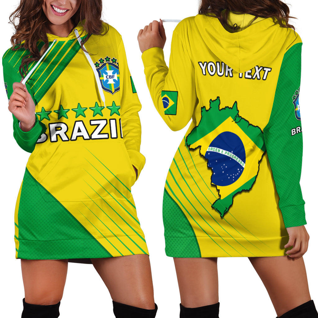 Yellow and green Brazil-themed hoodie dress with 'BRAZIL' print and star accents