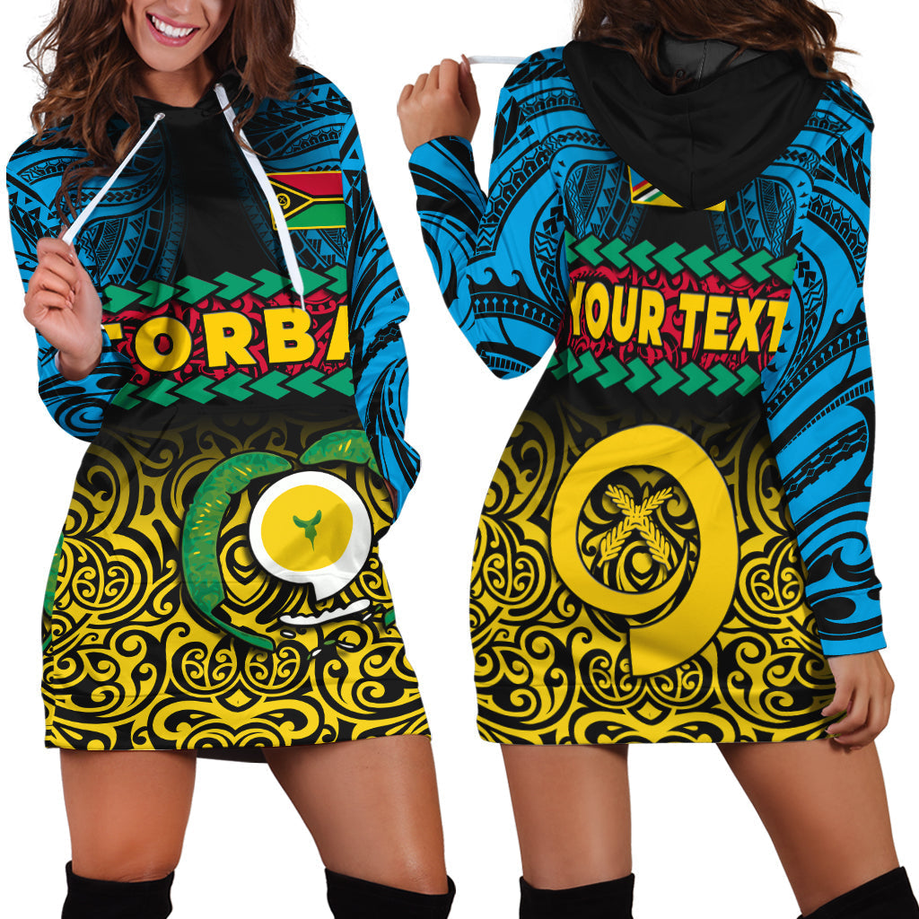 Hoodie dress with blue tribal print, front pocket, black hood, colorful graphic design