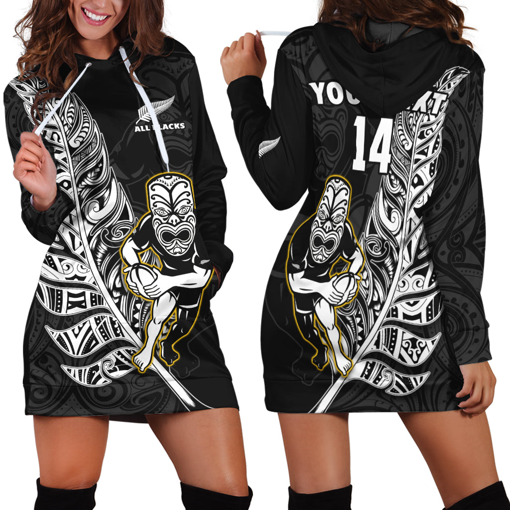 Custom Text And Number New Zealand 2022 Rugby Hoodie Dress All Black Silver Fern Maori Pattern Version Black - Wonder Print Shop