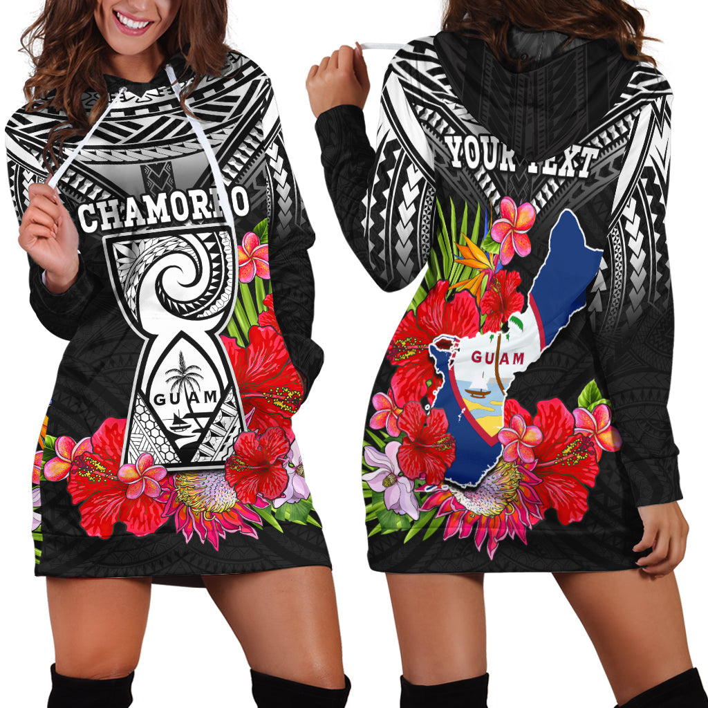 Black hoodie dress with kangaroo pocket and colorful tropical Guam floral graphic