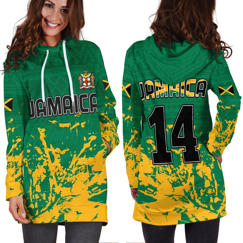 Green hoodie dress with Jamaica text and yellow splatter print; white drawstrings, #14 on back