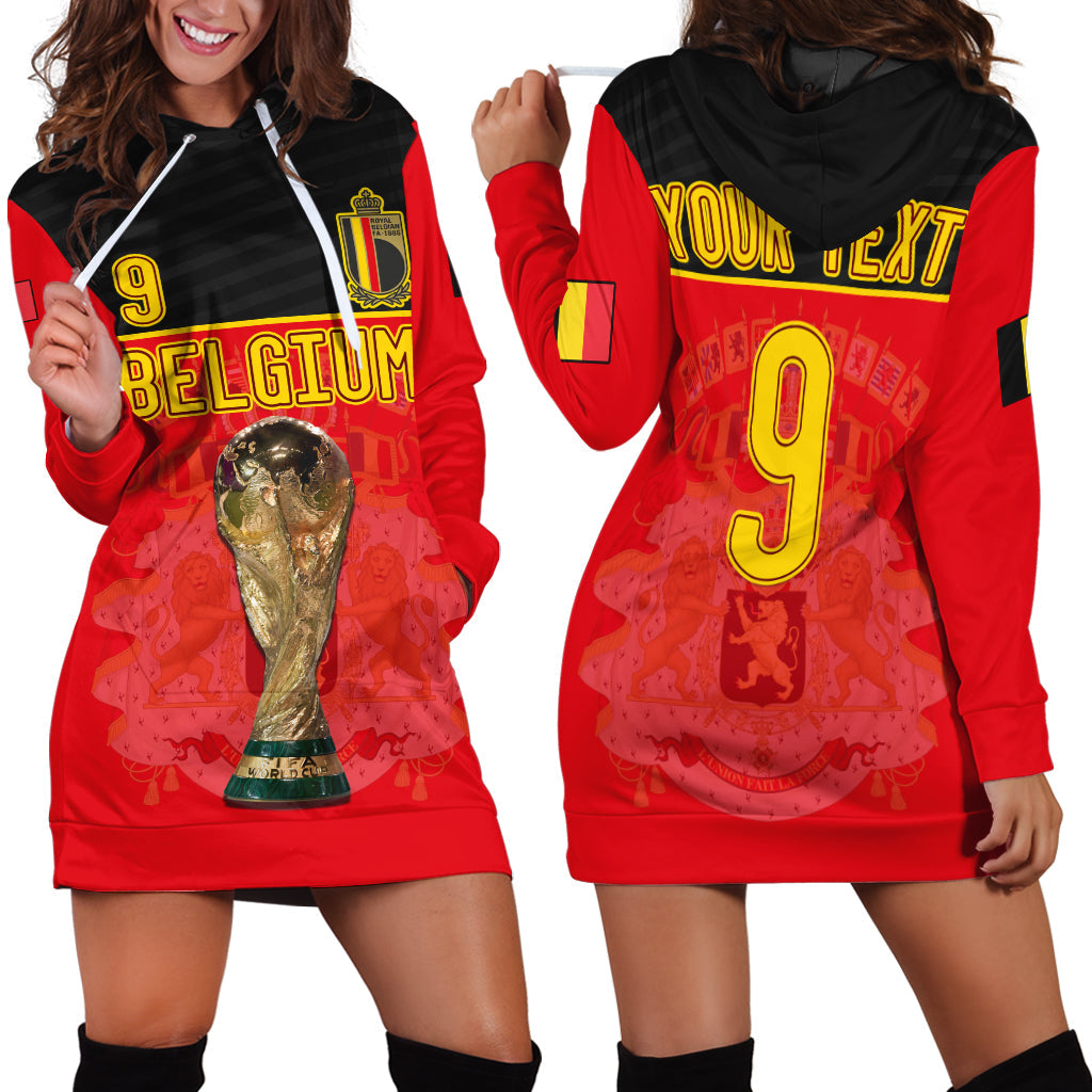 Red and black hoodie dress with Belgium logo and large yellow number 9 print