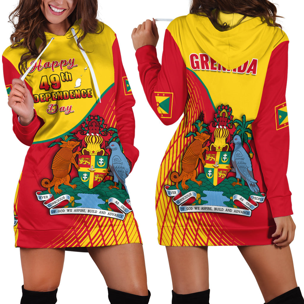 Yellow and red hoodie dress with front graphic, kangaroo pocket and drawstring hood.