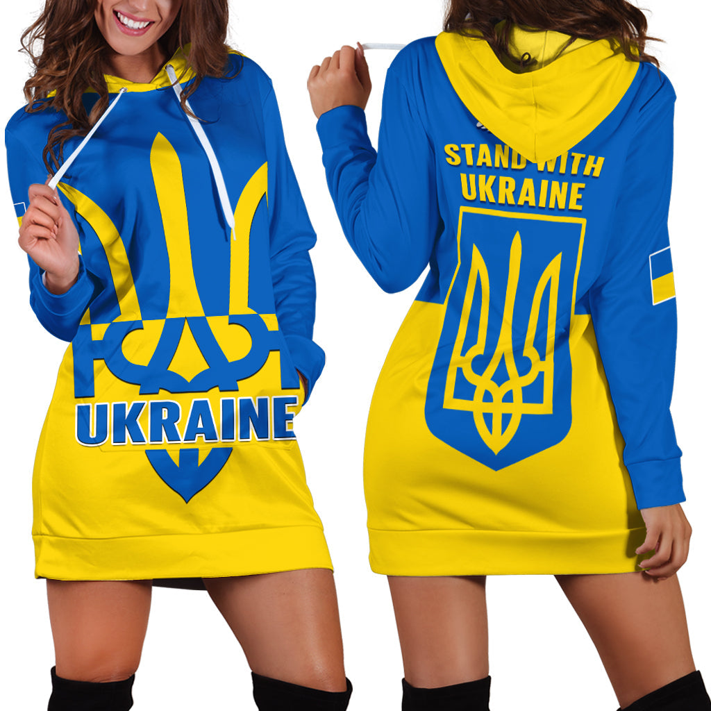 Blue hoodie dress with yellow trident graphic, front pocket, and drawstring hood