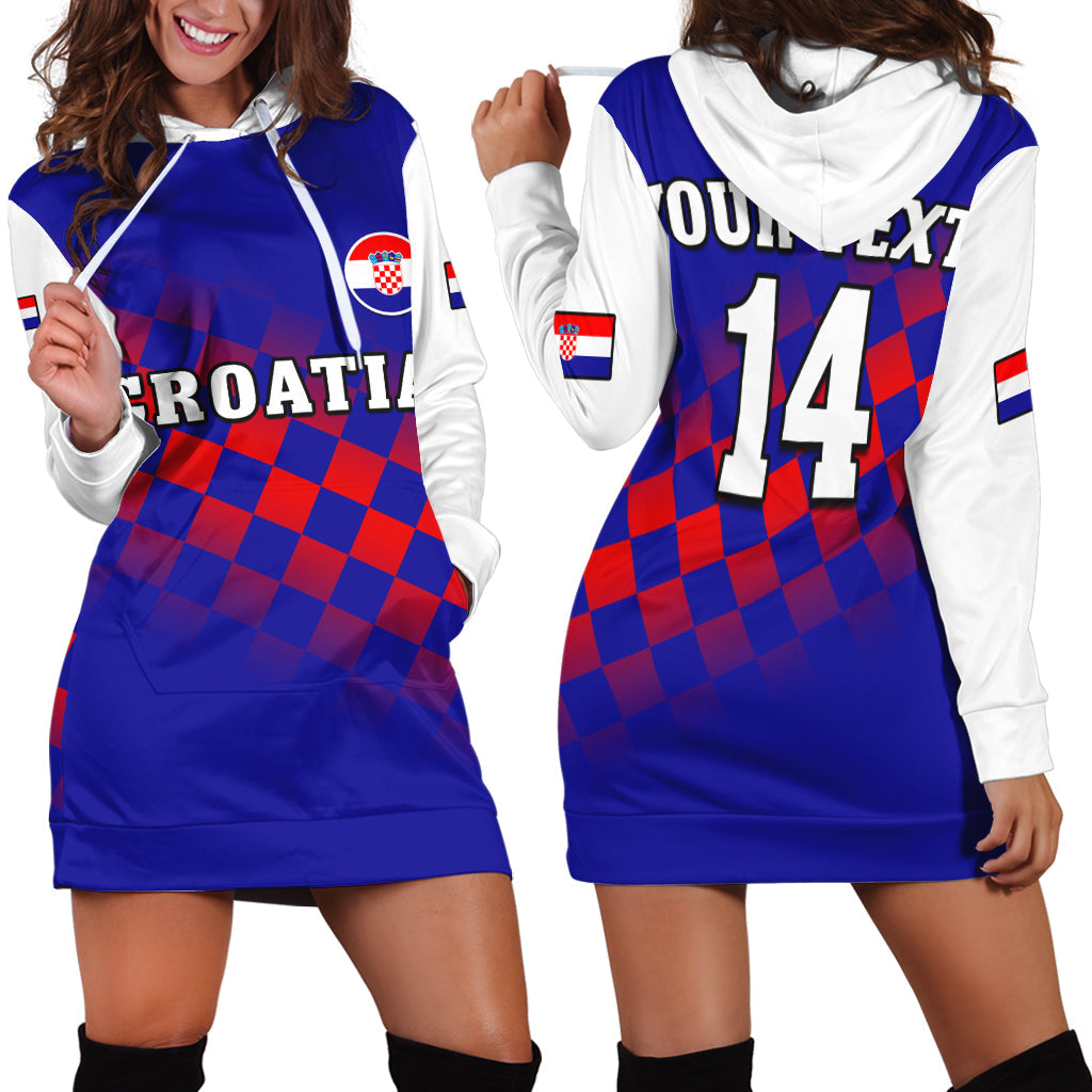 Blue hoodie dress with red checkerboard panels, white sleeves, and '14' print