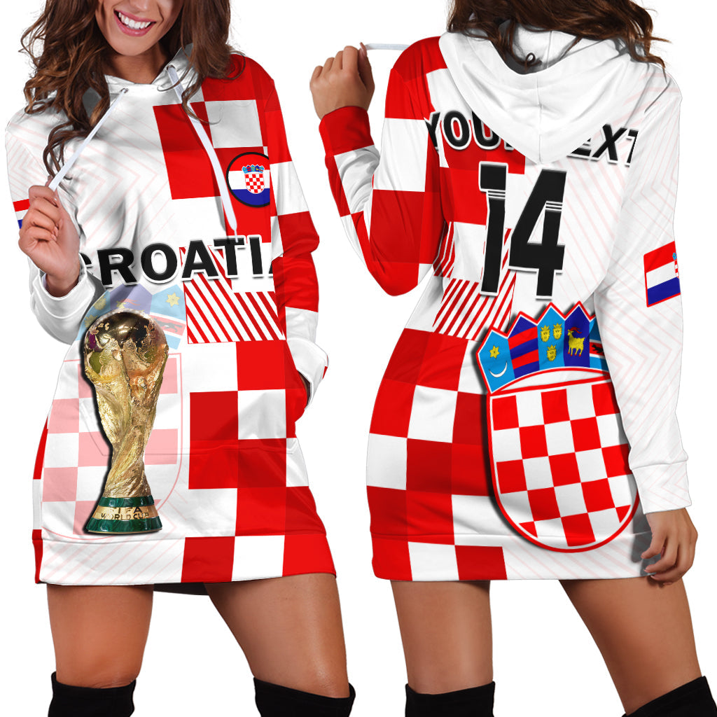 Red and white checkered hoodie dress with front graphic, hood, long sleeves, number 14