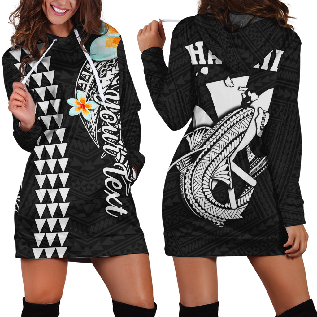 Black hoodie dress with hood, long sleeves, and Polynesian-style shark graphic