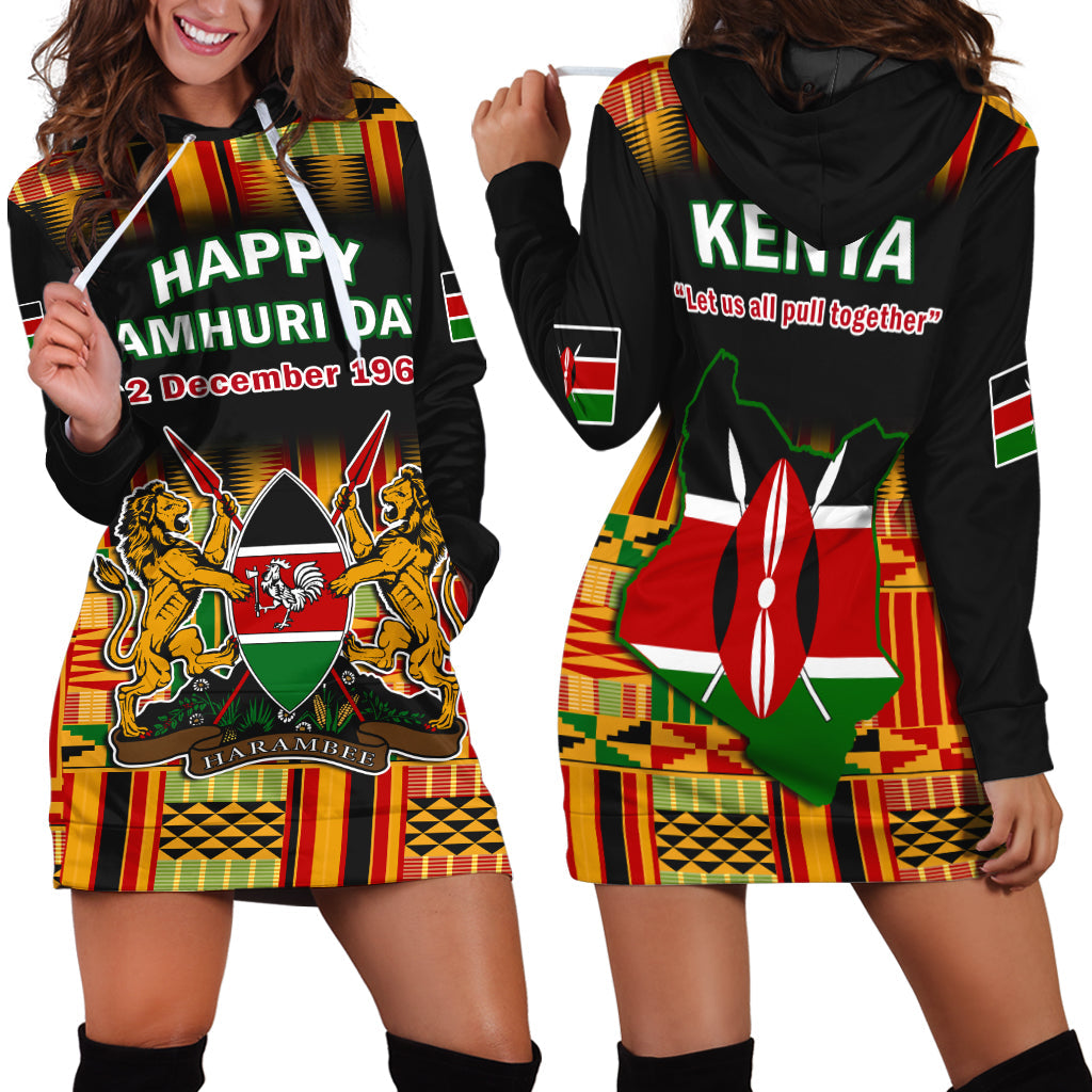 Black hoodie dress with colorful Kenya pattern, kangaroo pocket, and graphic hood print.